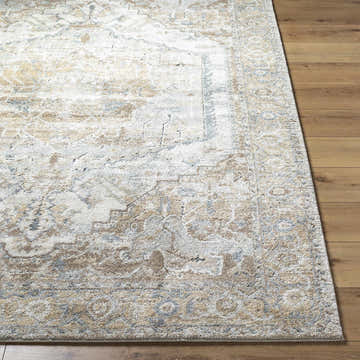 Close-up of the Yumna Thick Luxe Rug showing its beige, tan, and gray traditional pattern and plush texture on wood floors. Front