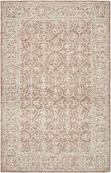 Close-up of the Yadid Brown Wool Area Rug featuring a traditional, floral-inspired pattern in tan and pearl hues. Design-Rectangle-576