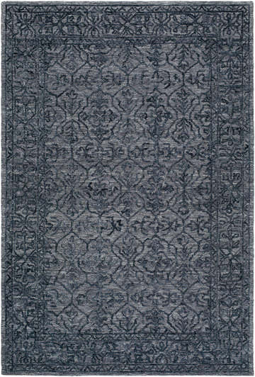 Detailed view of the Yadid Black Wool Area Rug, featuring a traditional floral pattern in charcoal and gray tones. Design-Rectangle-576