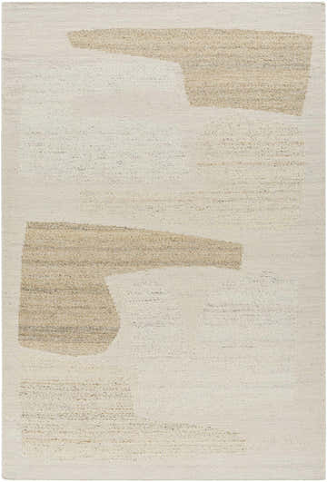 Close-up of the Airell Area Rug. Hand-woven wool rug in pearl with a brick red geometric block pattern. Contemporary style. Design-Rectangle-576