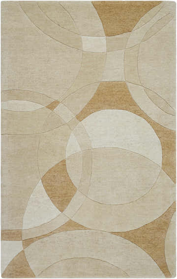 Close-up of the Yaxha Modern Wool Rug. Camel, tan, and warm gray circles create a contemporary geometric pattern. Design-Rectangle-58