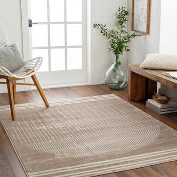 Entryway with Yoad Geometric Mocha Area Rug, white chair, wood bench, and light natural decor. Roomscene-Rectangle