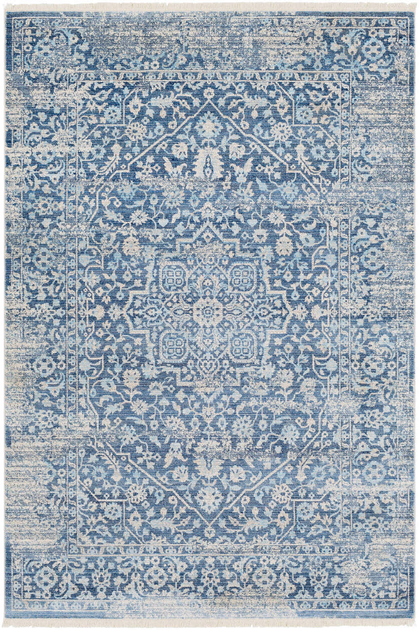 Close-up of the Yorkana Distressed Blue Rug, showcasing its traditional, vintage-inspired floral pattern and distressed texture. Design-Rectangle-579