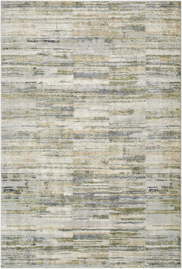 Close-up of the Yancy Thick Luxe Rug, a contemporary rug with beige, gray, olive, and tan horizontal stripes. Design-Rectangle-6792
