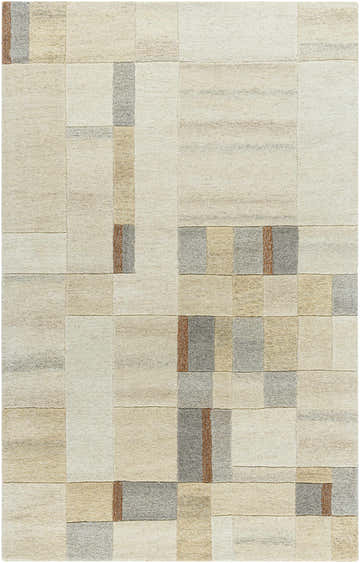 Close-up of the Yusei Area Rug. Hand-tufted wool rug with a contemporary geometric pattern in ash, pearl, sage, and tan. Design-Rectangle-58