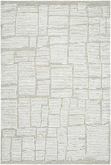 Close-up of the Yetty Silver Grid Wool Rug. Ash and light silver tones with a contemporary grid pattern. Hand-tufted texture. Design-Rectangle-576