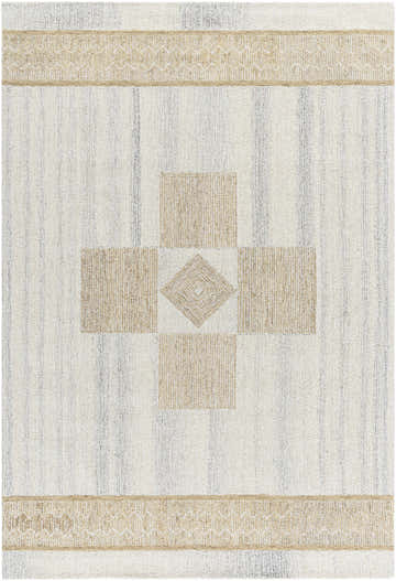 Close-up of the Yagil Area Rug. Hand-tufted wool rug with ash, light silver, and silver gray colors in a farmhouse style. Design-Rectangle-576