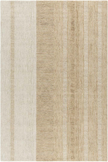 Close-up of the hand-tufted Yoyko Area Rug. Neutral ash, pearl, prairie dust, and tan stripes. 100% wool texture. Design-Rectangle-576