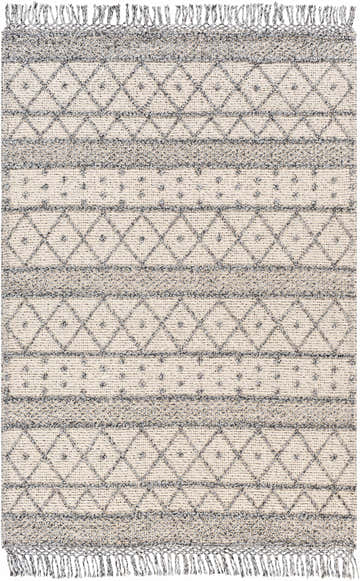 Close-up of the hand woven Yuko Area Rug with a bone base and dark gray diamond and stripe pattern. Design-Rectangle-576