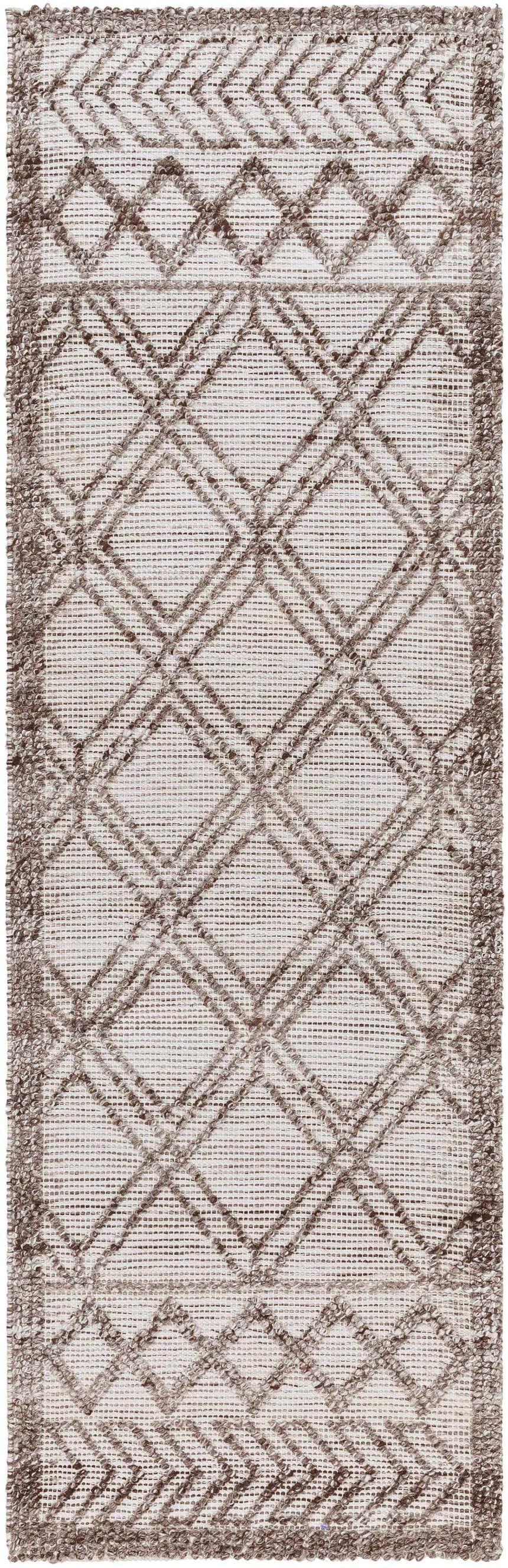 Close-up of the hand woven Yuta Area Rug. Gray and brown diamond pattern with a textured, farmhouse style. Design-Runner-268
