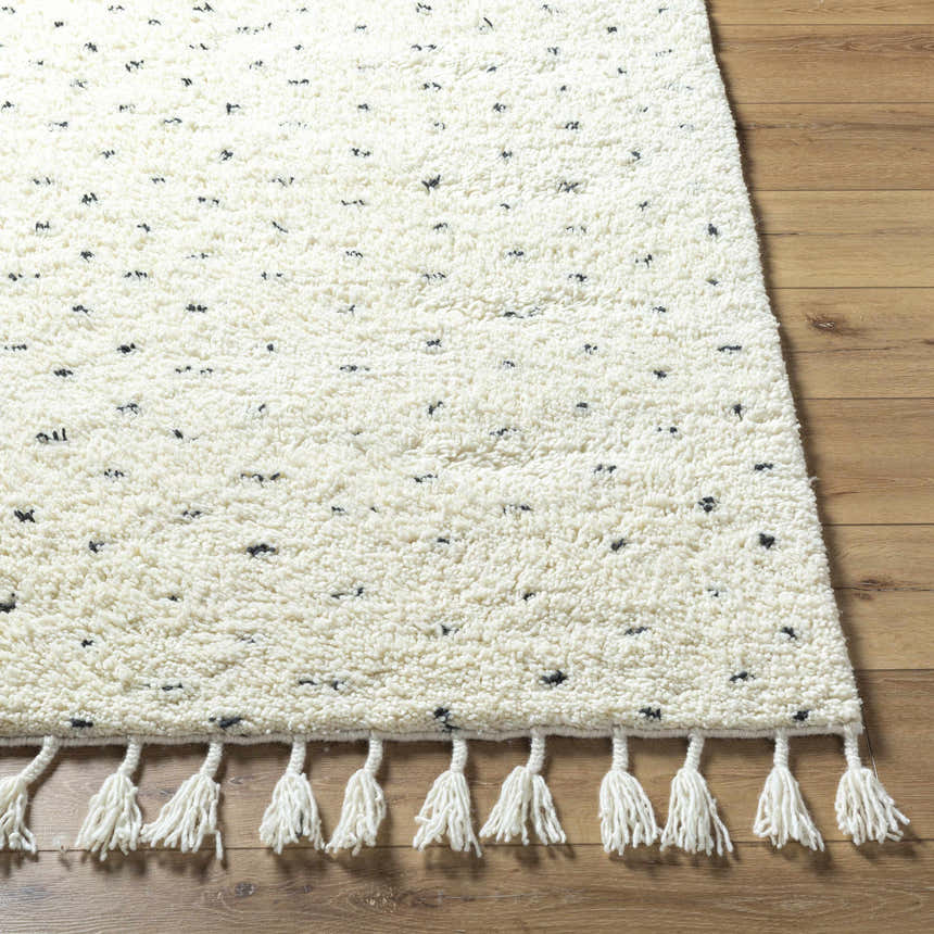 Close-up of the hand-woven Yuuna Area Rug. Pearl wool rug with black flecks and tassels on a wood floor. Farmhouse style. Front