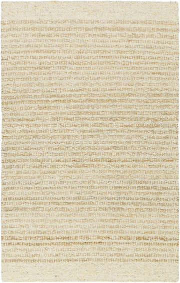 Close-up of the hand woven Yaron Area Rug. Jute and wool rug in pearl and tan horizontal stripes. Design-Rectangle-576