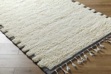 Close-up of the hand woven Yamin Area Rug. Pearl-colored wool rug with black striped edge and tassels. Farmhouse style. Corner