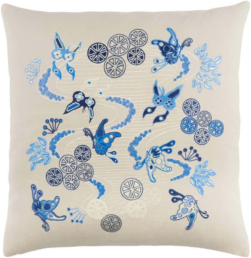 Zachary Blue Embroidered Butterfly Throw Pillow - Clearance