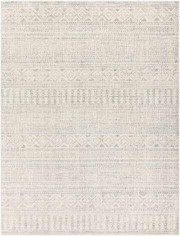 Close-up of the Zarephath Area Rug. Gray and white rug with a bohemian-inspired geometric pattern. Machine woven texture. Design-Rectangle-710103