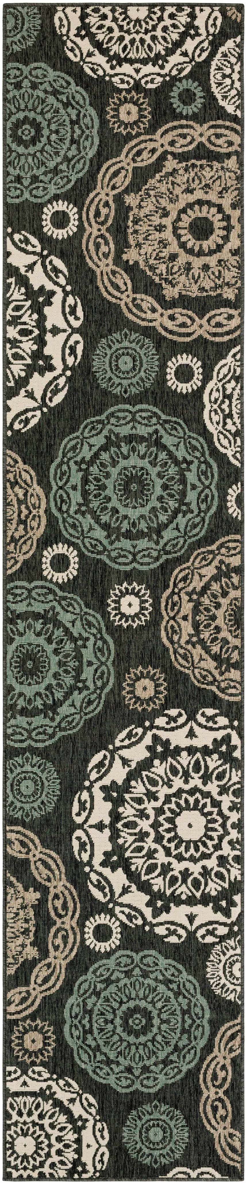 Close-up of Zephyrhills Area Rug. Beige, black, brown, dark red, and sage floral medallion pattern. Machine woven olefin rug. Design-Runner-23119