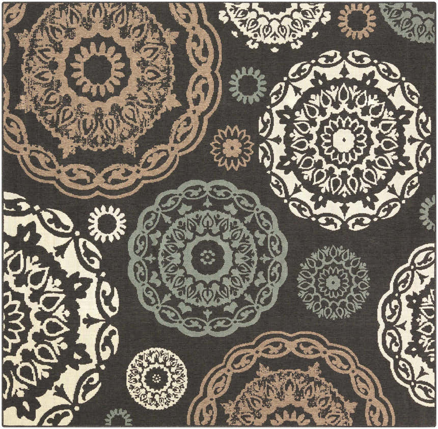 Zephyrhills Area Rug: Close-up of beige, black, brown, and sage floral medallions on a dark gray olefin rug. Design-Square-73