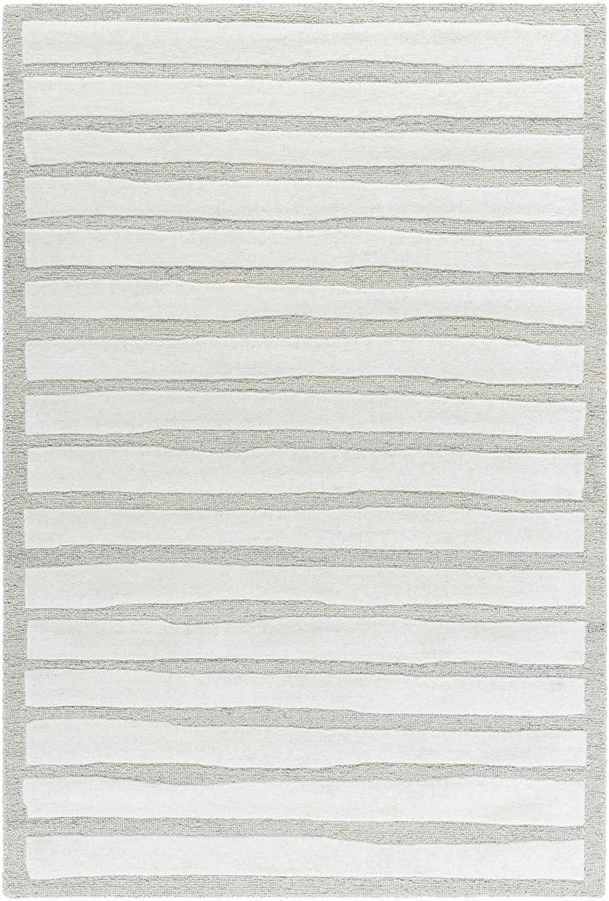 Close-up of the Zerah Area Rug; a hand-tufted wool rug with white stripes on a light silver background. Design-Rectangle-576