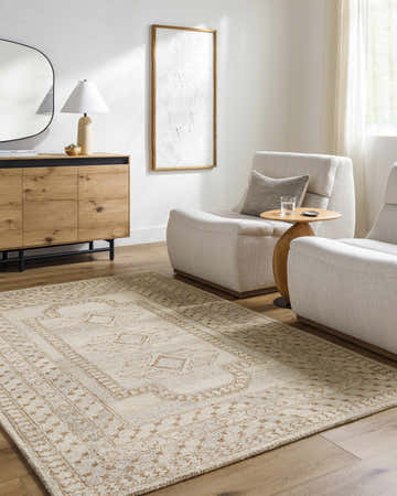Living room with neutral furniture and Zlata Area Rug in brick red, pearl, and tan colors. Roomscene-Rectangle
