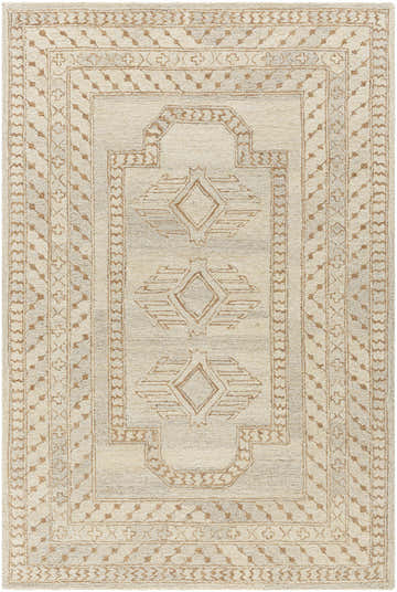 Close-up of the hand-tufted Zlata Area Rug. Farmhouse style with geometric brick red and tan diamond patterns on a pearl background. Design-Rectangle-576