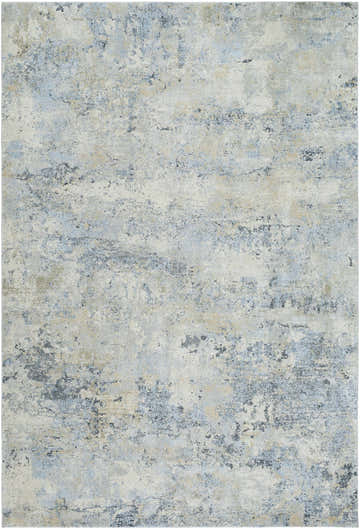 Close-up of the Zadie Thick Luxe Rug, a contemporary design in gray, light blue, peach, and tan hues. Design-Rectangle-679