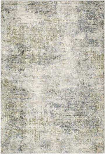 Close-up of the Zetna Thick Luxe Rug, a contemporary rug with beige, gray, olive, and teal tones. Design-Rectangle-6792