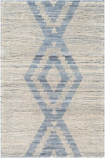 Close-up of Ziya Area Carpet: hand-woven cotton rug with a geometric diamond pattern in light blue, navy, and off-white. Design-Rectangle-576