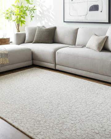 Living room scene with light silver Zayit Area Rug, gray sectional sofa, and modern artwork. Roomscene-Rectangle