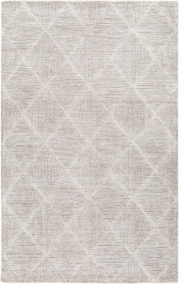 Close-up of the hand-tufted Zonta Area Rug. Light silver, silver gray, and warm gray diamond pattern on 100% wool. Design-Rectangle-58