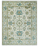 Hand Knotted Ivory, Beige and Teal Antique look Traditional Oushak Multi Size Wool Area Rug