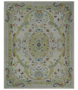 Ivory and Green Custom Made French Design Aubusson Hand Tufted Wool Area Rug