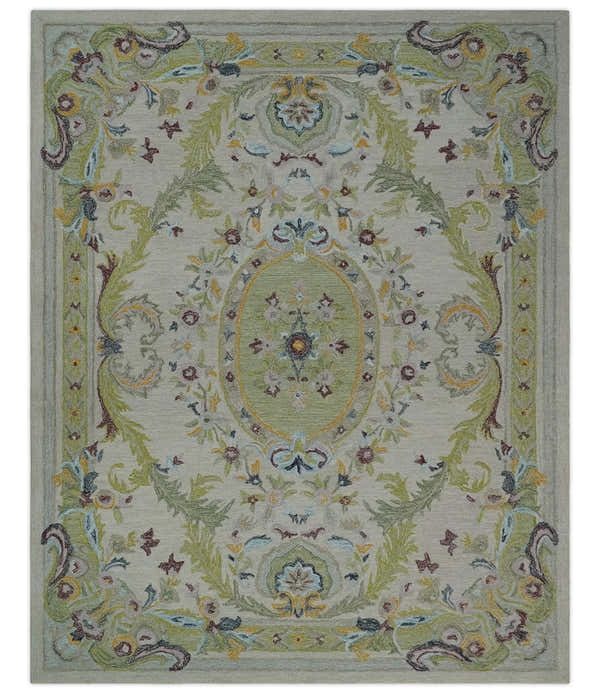 Ivory and Green Custom Made French Design Aubusson Hand Tufted Wool Area Rug