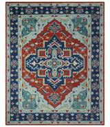 Custom Made Rust, Blue and Silver hand knotted Traditional Heriz wool area rug