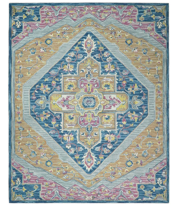 Kids, Nursery and Living Room Rug Hand Tufted Blue and Pink Wool Textured Loop Multi Size Area Rug