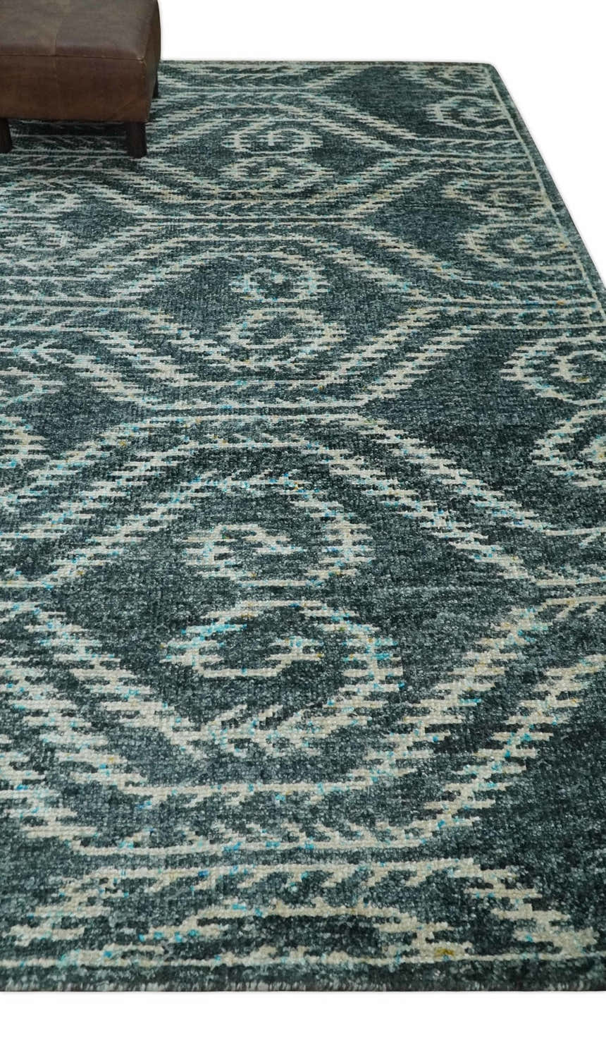 5x8 Hand Knotted Dark Gray and Ivory Modern Contemporary Southwestern Tribal Trellis Recycled Silk Area Rug | OP115
