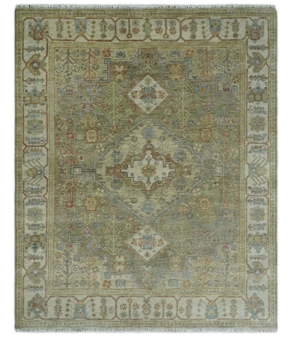 Antique Look Hand Knotted Medallion Olive and Ivory Vintage Style Wool Rug