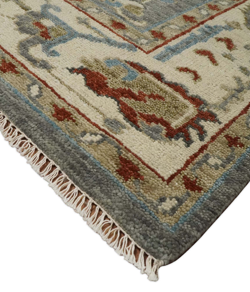 Hand Knotted Living Room Rug Charcoal, Red and Beige Traditional Vintage Style Custom Made Wool Area Rug