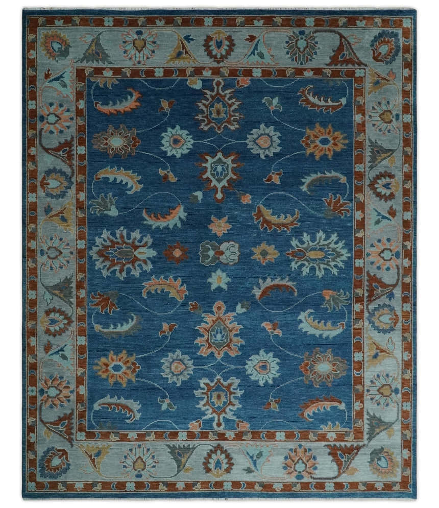 Blue, Rust and Aqua Hand Knotted Floral Multi Size Oushak Wool Area Rug