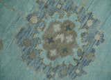 Hand Knotted Aqua, Beige and Ivory Traditional Oushak Wool Rug