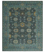 Hand Knotted Charcoal and Aqua Traditional Multi Size Oushak Wool Area Rug