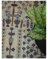 Hand Knotted Antique Ivory, Blue and Gray Traditional Vintage Style Oushak Wool Rug