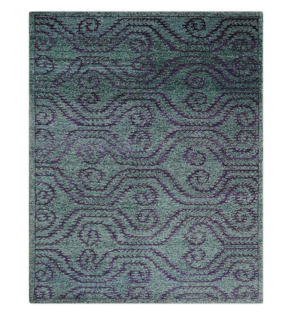 5x8 and 8x10 Hand Knotted Blue, Gray and Purple Modern Contemporary Southwestern Tribal Trellis Recycled Silk Area Rug | OP32