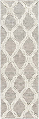 Close-up of the Adora Area Rug. Bone geometric pattern on a cloud gray background. Hand woven texture. Design-Runner-268