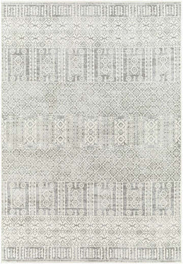 Close-up of Akdiken Area Carpet. Gray and natural geometric patterns create a contemporary, farmhouse style rug. Design-Rectangle-57