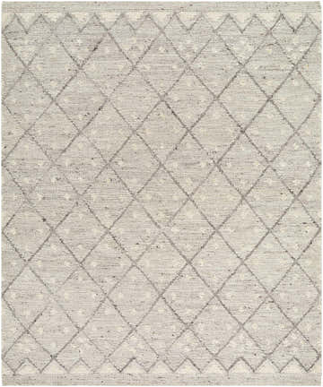 Close-up of the hand woven Aliaga Area Rug. Cream wool rug with a geometric diamond pattern in gray and charcoal. Design-Rectangle-810