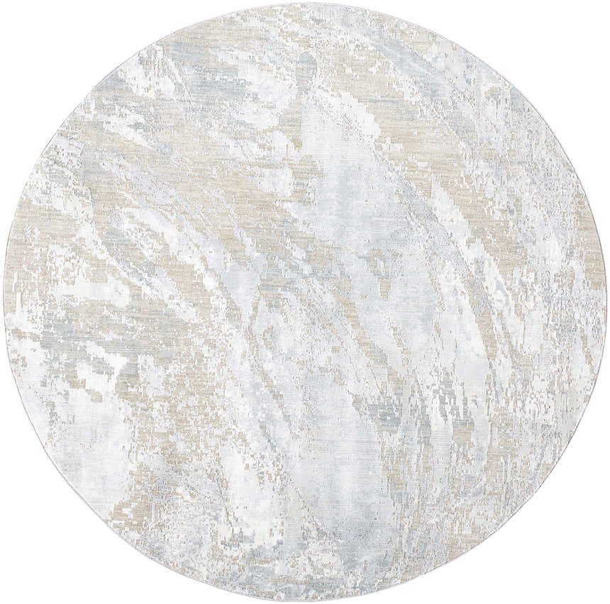 Round Ambra Thick Luxe Boutique Rug with a contemporary abstract pattern in cloud gray, light gray, and beige. Design-Round-67