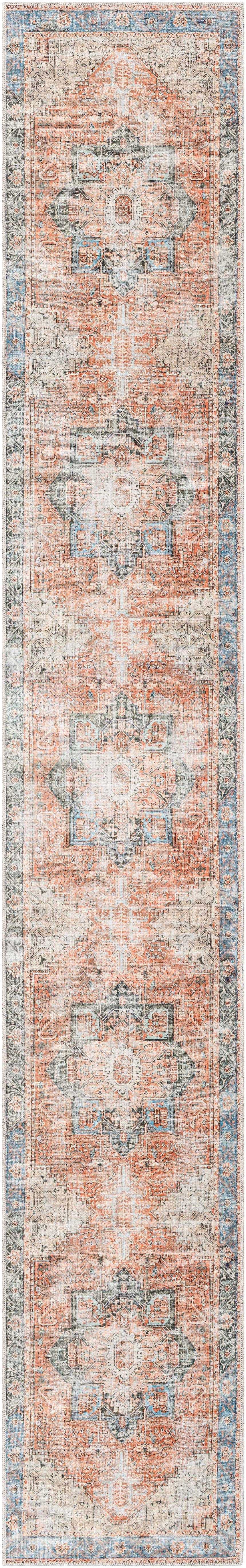 Close-up of the Livabliss Amelie AML-2309 washable area rug. Traditional design in beige, dusty pink, rust, and light blue. Design-Runner-2714
