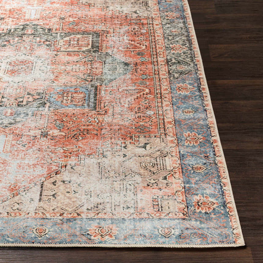 Close-up of the Livabliss Amelie AML-2309 rug. Traditional design in beige, dusty pink, light gray, pale blue, rust, and tan. Front