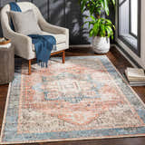 Living room scene with Livabliss Amelie AML-2309 rug in beige, pink, and blue. Armchair, plant, and wood floors complete the look. Roomscene-Rectangle