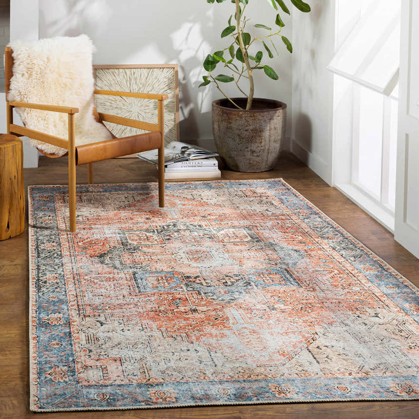 Farmhouse style room with wood chair and Livabliss Amelie AML-2309 rug in beige, dusty pink, light gray, pale blue, rust, and tan. Roomscene-Rectangle